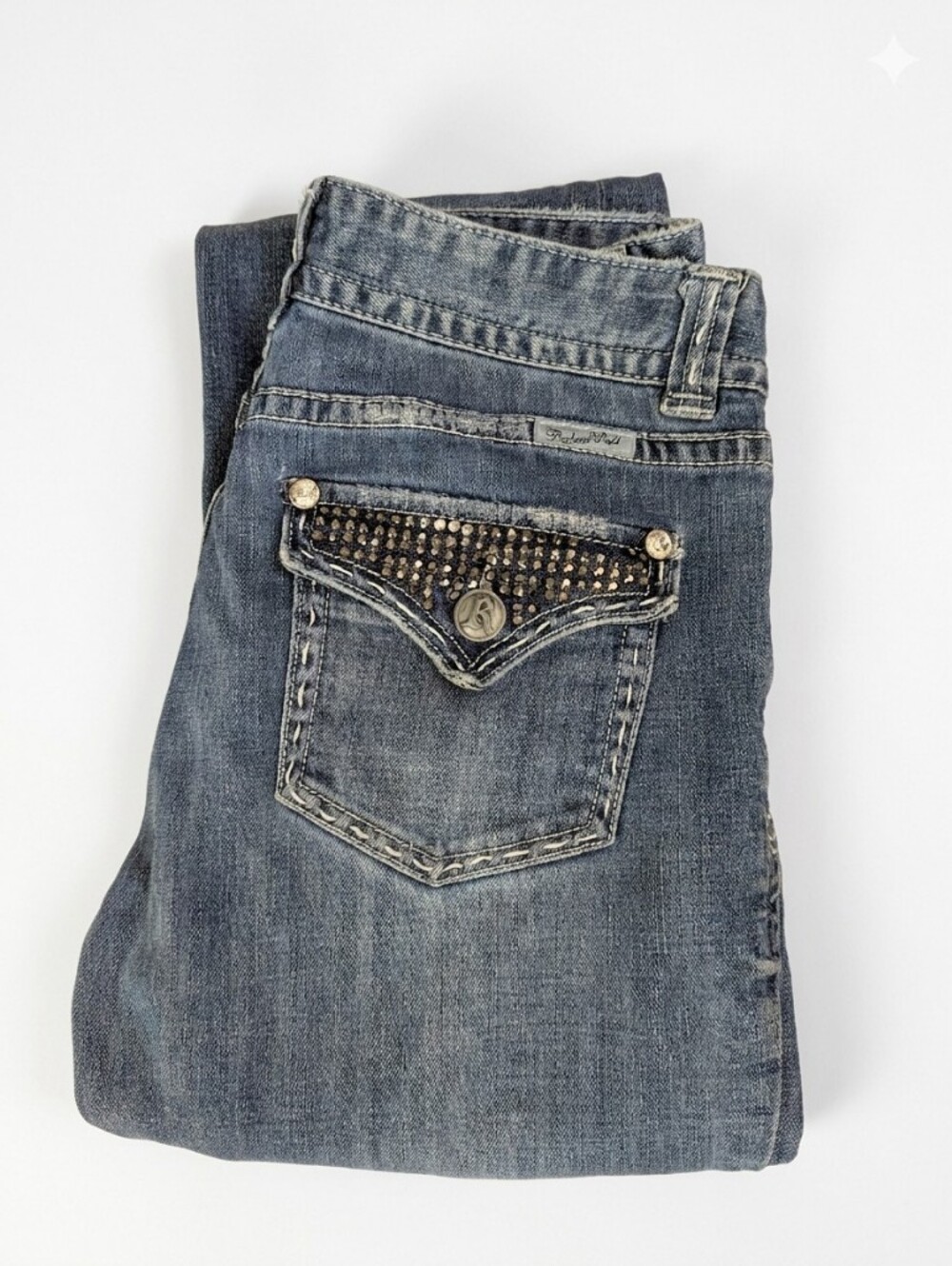 Rock and Roll Cowgirl Mid Rise Embellished Pockets Boot Cut Jeans Size 29 x 36